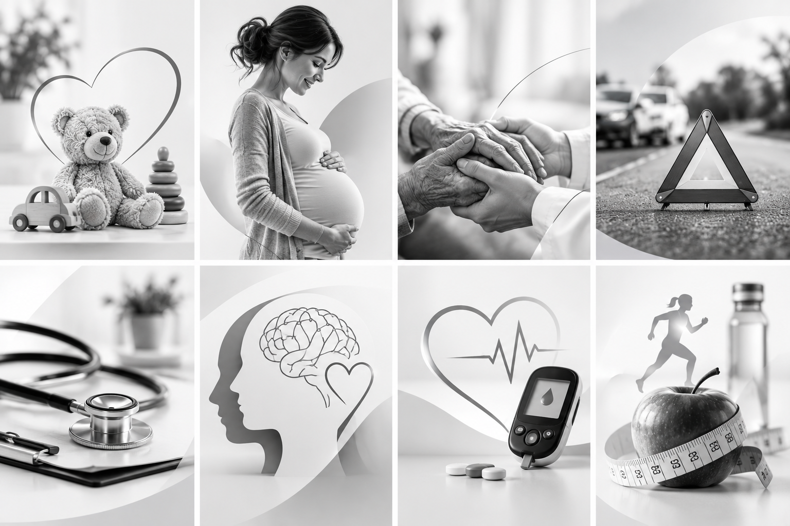 Illustrasjoner av familiehelse, omsorg, psykisk helse og forebygging