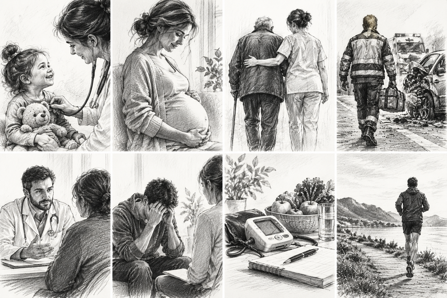 Hjem Illustrert collage av omsorg og helse gjennom livets ulike faser